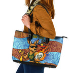 Personalised Australian Oztag Kangaroo Mascot Leather Tote Bag Indigenous Dot Art Style Aboriginal Culture