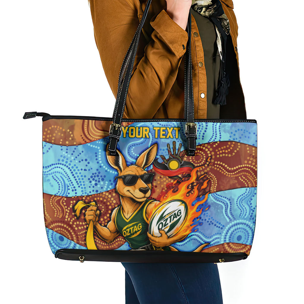 Personalised Australian Oztag Kangaroo Mascot Leather Tote Bag Indigenous Dot Art Style Aboriginal Culture
