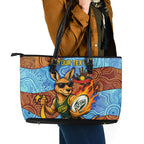 Personalised Australian Oztag Kangaroo Mascot Leather Tote Bag Indigenous Dot Art Style Aboriginal Culture