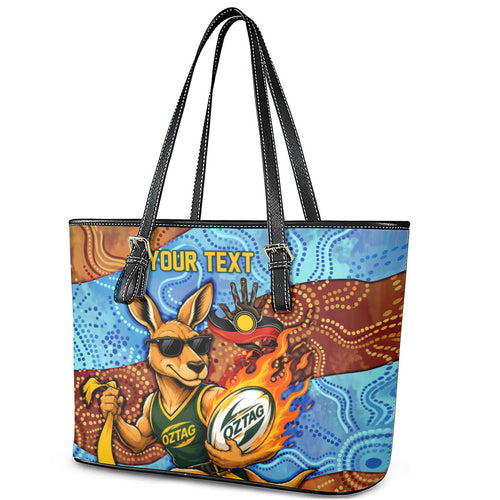 Personalised Australian Oztag Kangaroo Mascot Leather Tote Bag Indigenous Dot Art Style Aboriginal Culture