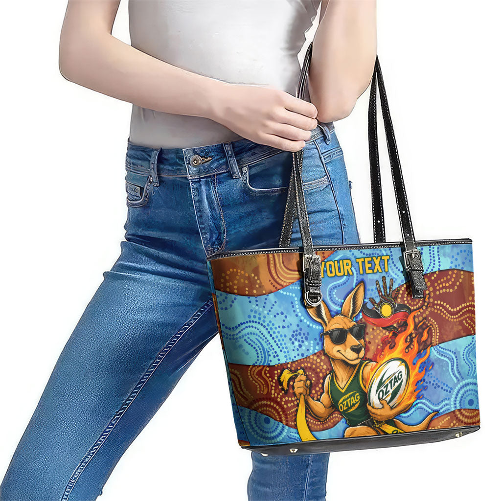 Personalised Australian Oztag Kangaroo Mascot Leather Tote Bag Indigenous Dot Art Style Aboriginal Culture
