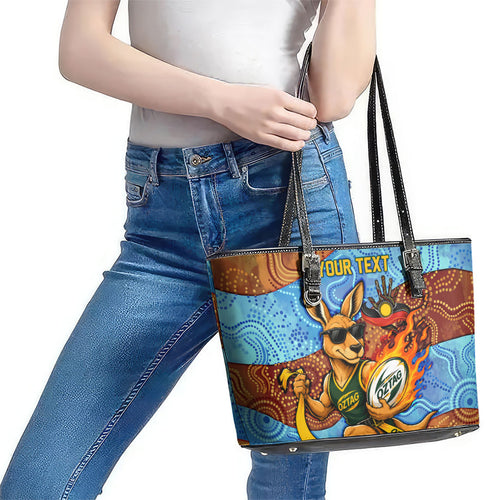 Personalised Australian Oztag Kangaroo Mascot Leather Tote Bag Indigenous Dot Art Style Aboriginal Culture