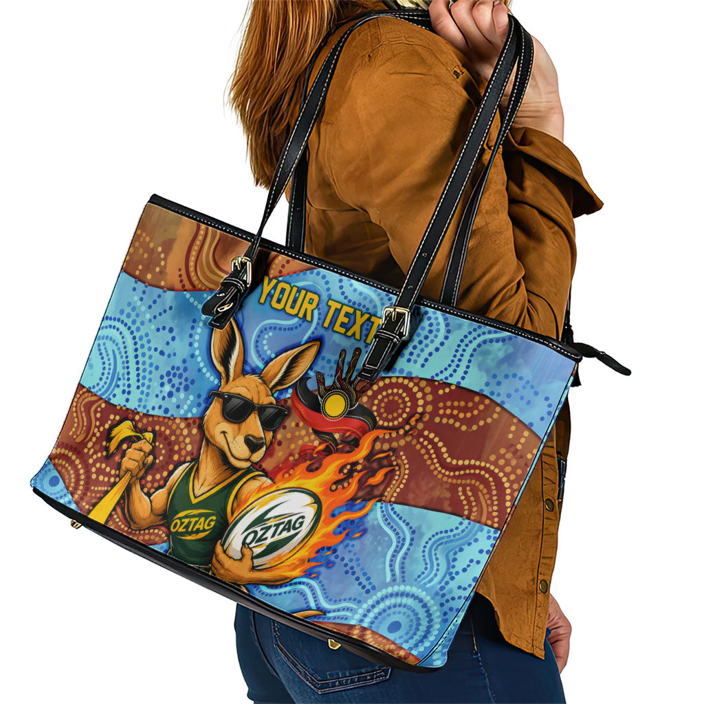 Personalised Australian Oztag Kangaroo Mascot Leather Tote Bag Indigenous Dot Art Style Aboriginal Culture