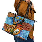 Personalised Australian Oztag Kangaroo Mascot Leather Tote Bag Indigenous Dot Art Style Aboriginal Culture