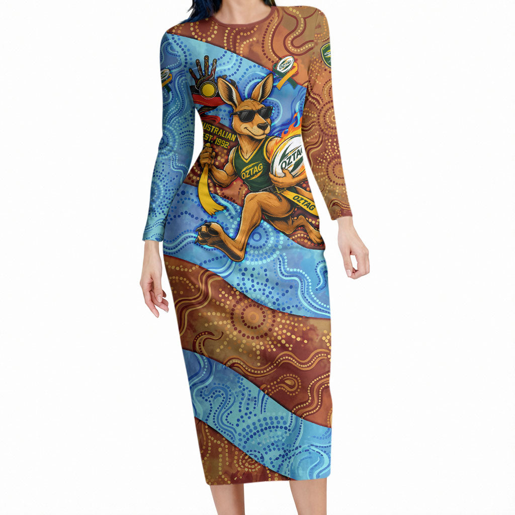 Personalised Australian Oztag Kangaroo Mascot Long Sleeve Bodycon Dress Indigenous Dot Art Style Aboriginal Culture