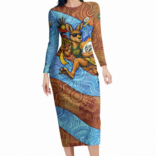 Personalised Australian Oztag Kangaroo Mascot Long Sleeve Bodycon Dress Indigenous Dot Art Style Aboriginal Culture