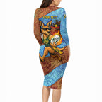 Personalised Australian Oztag Kangaroo Mascot Long Sleeve Bodycon Dress Indigenous Dot Art Style Aboriginal Culture