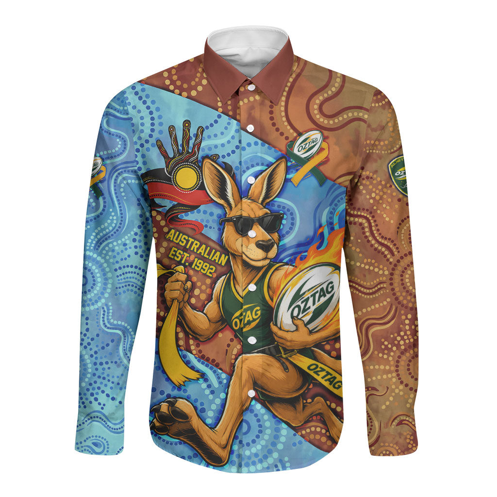 Personalised Australian Oztag Kangaroo Mascot Long Sleeve Button Shirt Indigenous Dot Art Style Aboriginal Culture