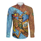 Personalised Australian Oztag Kangaroo Mascot Long Sleeve Button Shirt Indigenous Dot Art Style Aboriginal Culture
