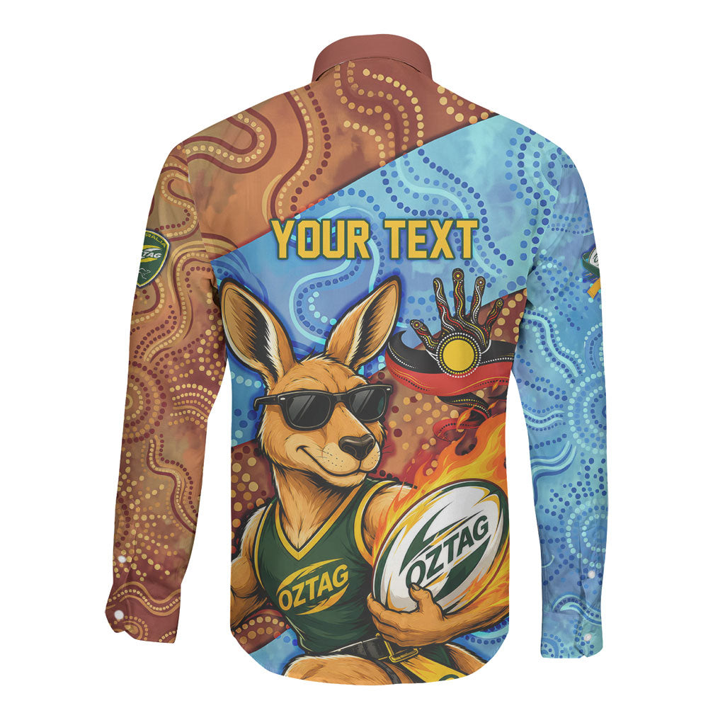 Personalised Australian Oztag Kangaroo Mascot Long Sleeve Button Shirt Indigenous Dot Art Style Aboriginal Culture