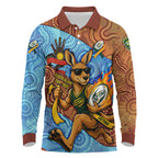 Personalised Australian Oztag Kangaroo Mascot Long Sleeve Polo Shirt Indigenous Dot Art Style Aboriginal Culture
