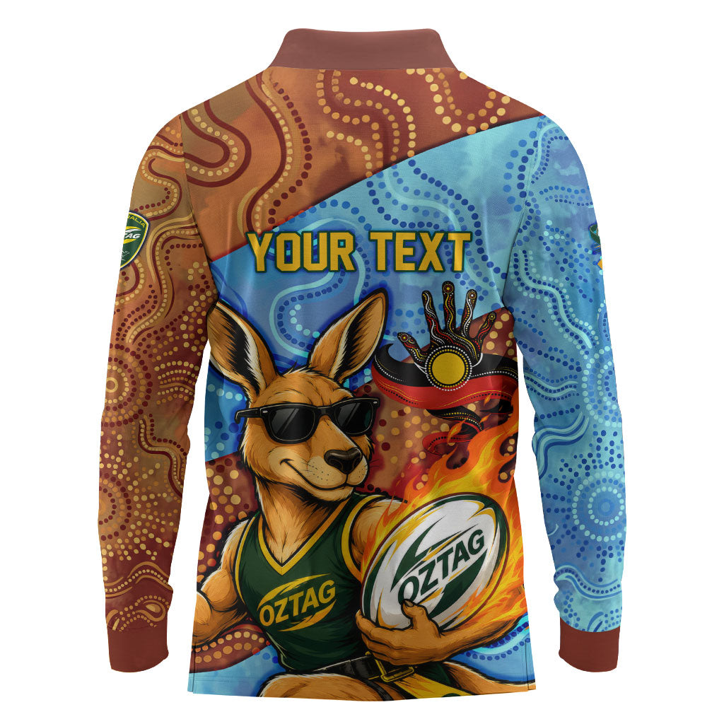 Personalised Australian Oztag Kangaroo Mascot Long Sleeve Polo Shirt Indigenous Dot Art Style Aboriginal Culture