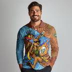 Personalised Australian Oztag Kangaroo Mascot Long Sleeve Polo Shirt Indigenous Dot Art Style Aboriginal Culture
