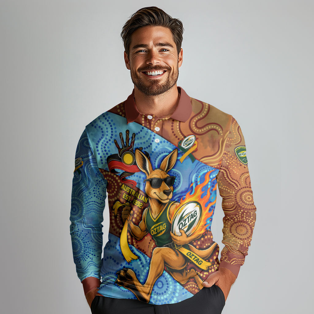 Personalised Australian Oztag Kangaroo Mascot Long Sleeve Polo Shirt Indigenous Dot Art Style Aboriginal Culture