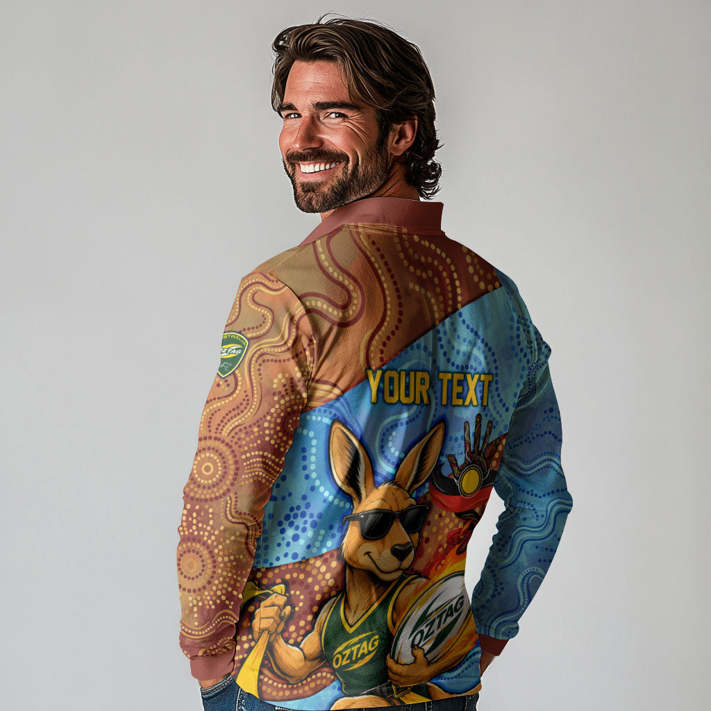 Personalised Australian Oztag Kangaroo Mascot Long Sleeve Polo Shirt Indigenous Dot Art Style Aboriginal Culture