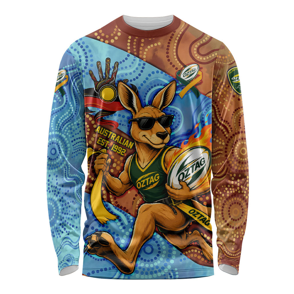 Personalised Australian Oztag Kangaroo Mascot Long Sleeve Shirt Indigenous Dot Art Style Aboriginal Culture