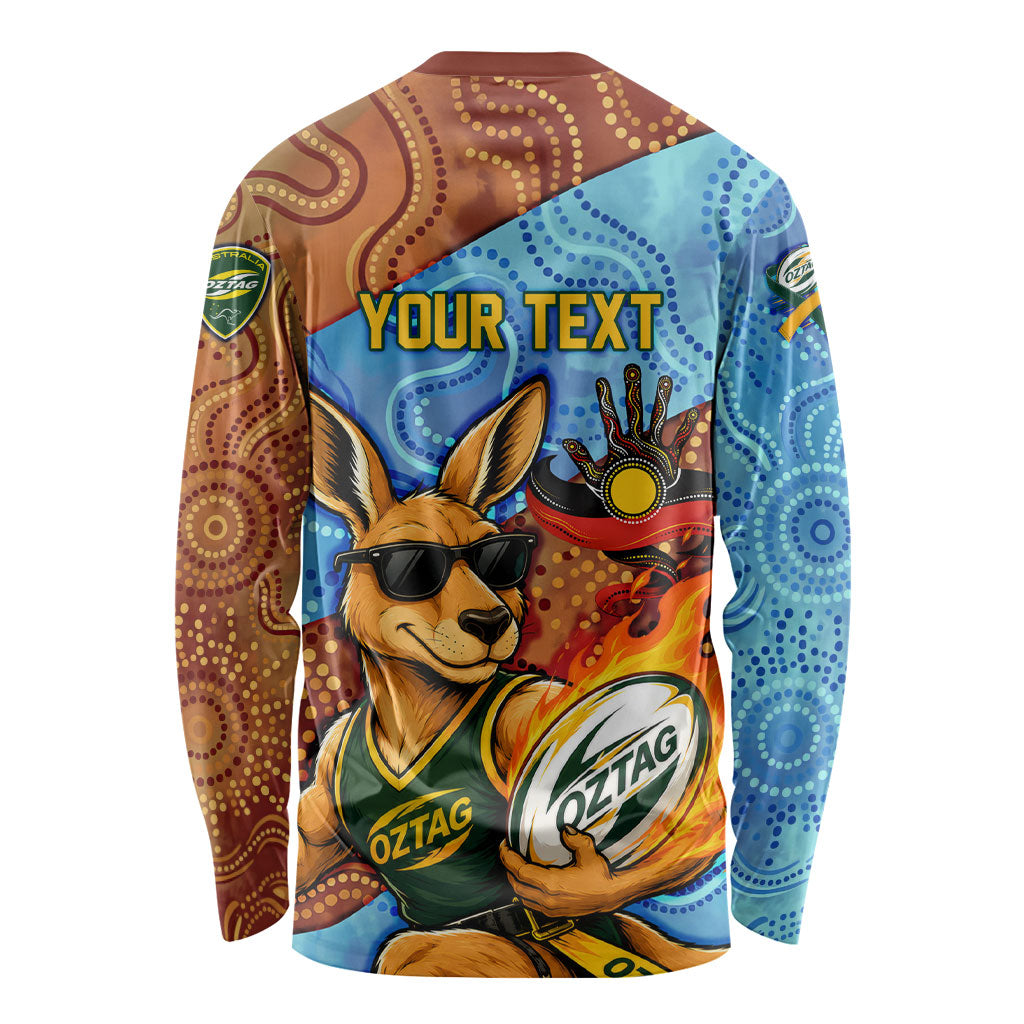 Personalised Australian Oztag Kangaroo Mascot Long Sleeve Shirt Indigenous Dot Art Style Aboriginal Culture