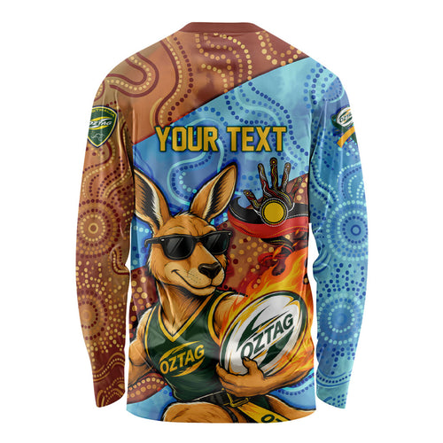 Personalised Australian Oztag Kangaroo Mascot Long Sleeve Shirt Indigenous Dot Art Style Aboriginal Culture