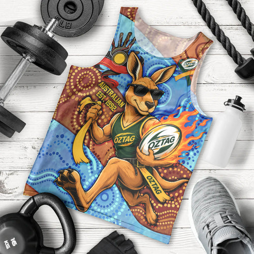 Personalised Australian Oztag Kangaroo Mascot Men Tank Top Indigenous Dot Art Style Aboriginal Culture
