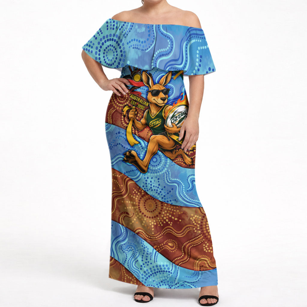 Personalised Australian Oztag Kangaroo Mascot Off Shoulder Maxi Dress Indigenous Dot Art Style Aboriginal Culture