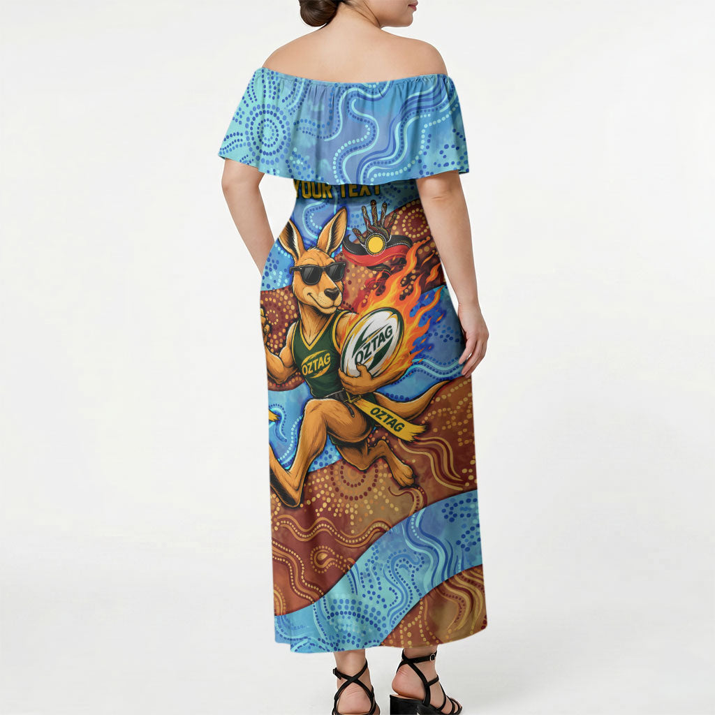 Personalised Australian Oztag Kangaroo Mascot Off Shoulder Maxi Dress Indigenous Dot Art Style Aboriginal Culture