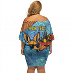 Personalised Australian Oztag Kangaroo Mascot Off Shoulder Short Dress Indigenous Dot Art Style Aboriginal Culture