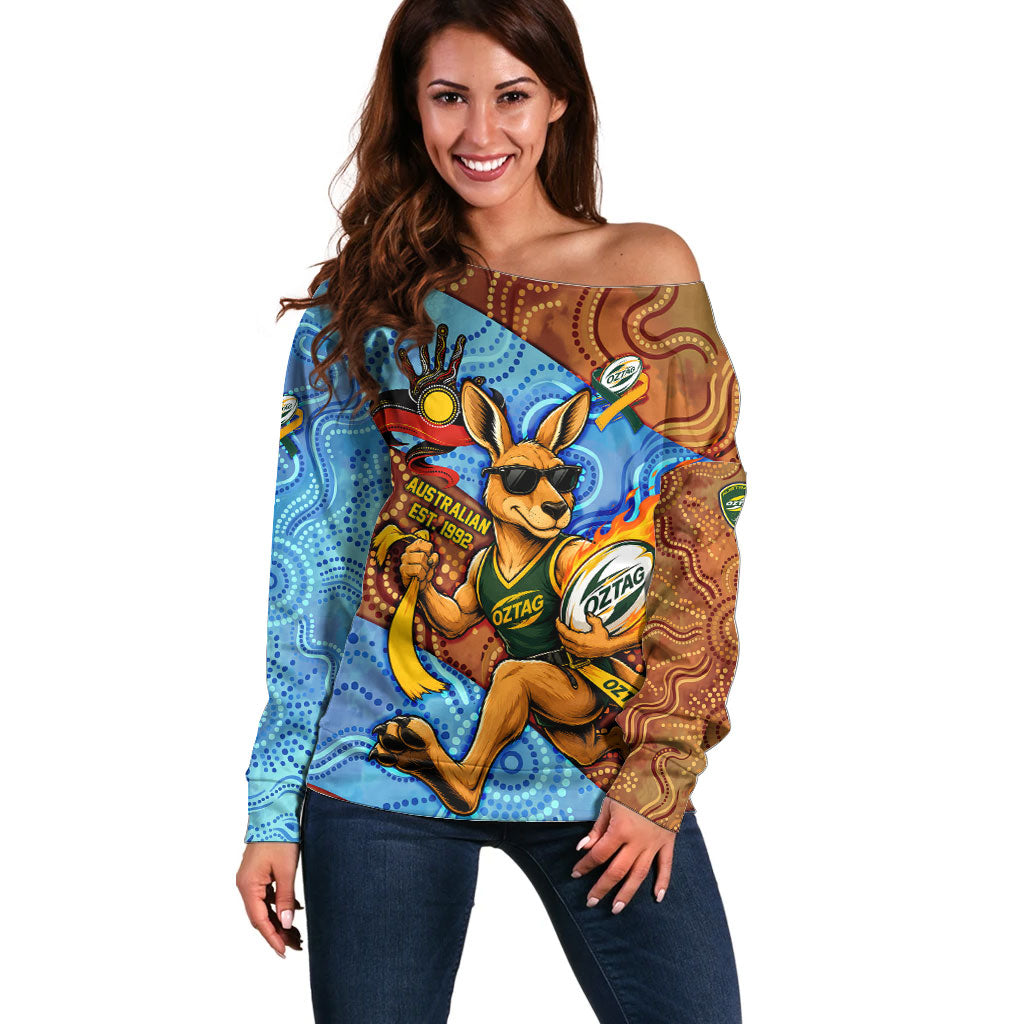 Personalised Australian Oztag Kangaroo Mascot Off Shoulder Sweater Indigenous Dot Art Style Aboriginal Culture