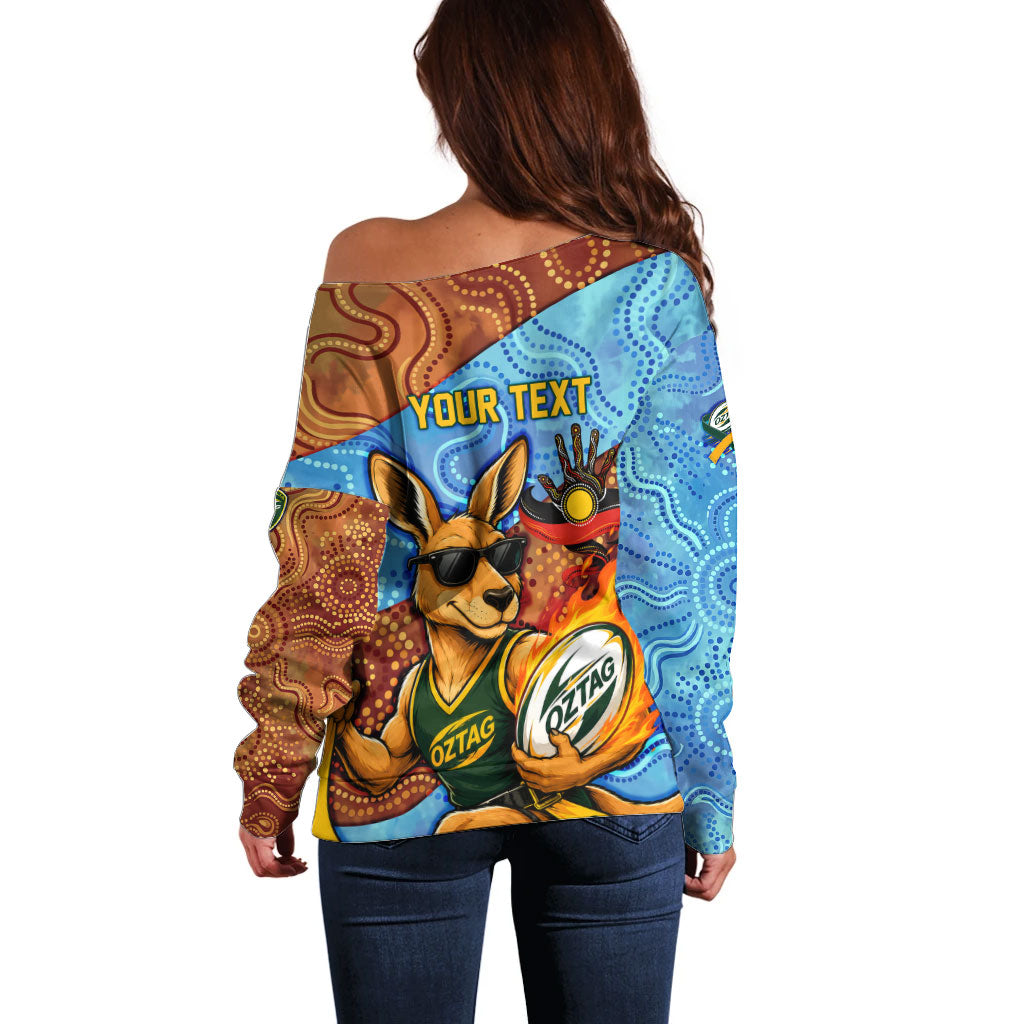 Personalised Australian Oztag Kangaroo Mascot Off Shoulder Sweater Indigenous Dot Art Style Aboriginal Culture