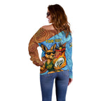 Personalised Australian Oztag Kangaroo Mascot Off Shoulder Sweater Indigenous Dot Art Style Aboriginal Culture