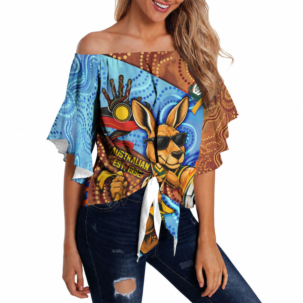 Personalised Australian Oztag Kangaroo Mascot Off Shoulder Wrap Waist Top Indigenous Dot Art Style Aboriginal Culture