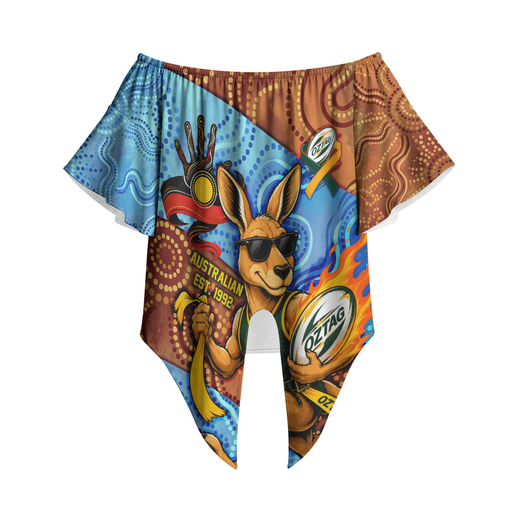 Personalised Australian Oztag Kangaroo Mascot Off Shoulder Wrap Waist Top Indigenous Dot Art Style Aboriginal Culture