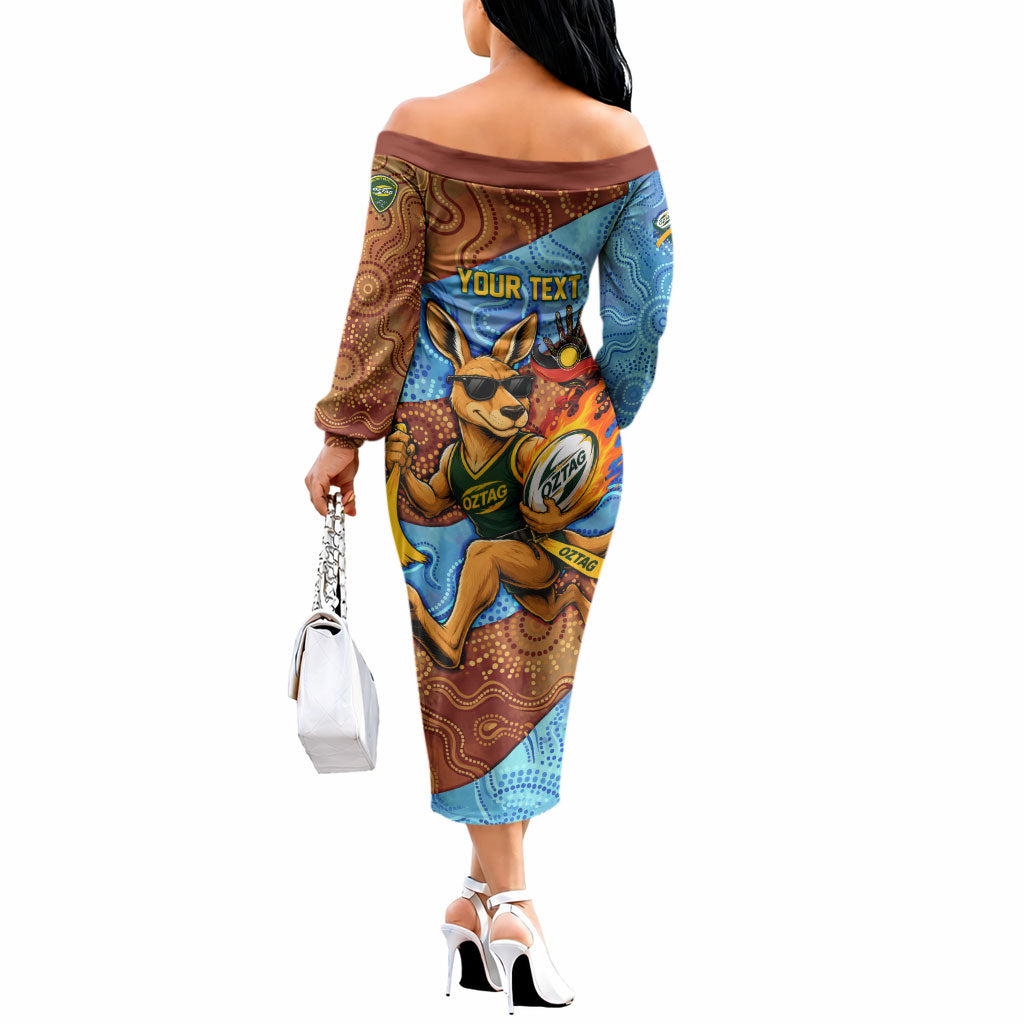 Personalised Australian Oztag Kangaroo Mascot Off The Shoulder Long Sleeve Dress Indigenous Dot Art Style Aboriginal Culture