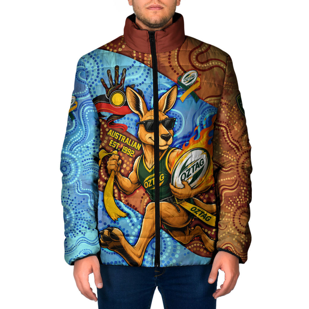 Personalised Australian Oztag Kangaroo Mascot Padded Jacket Indigenous Dot Art Style Aboriginal Culture