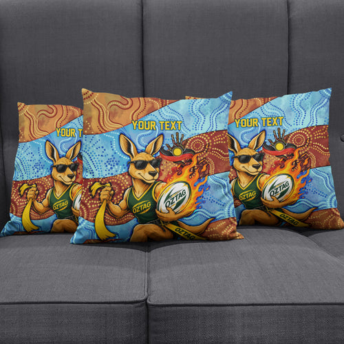Personalised Australian Oztag Kangaroo Mascot Pillow Cover Indigenous Dot Art Style Aboriginal Culture