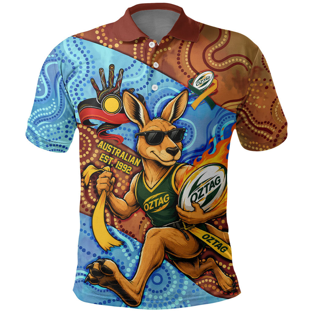 Personalised Australian Oztag Kangaroo Mascot Polo Shirt Indigenous Dot Art Style Aboriginal Culture