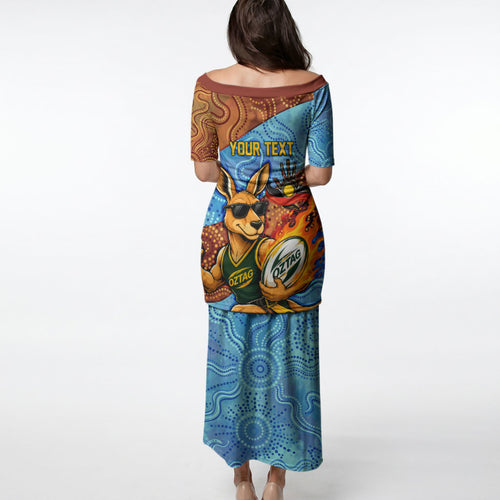 Personalised Australian Oztag Kangaroo Mascot Puletasi Indigenous Dot Art Style Aboriginal Culture
