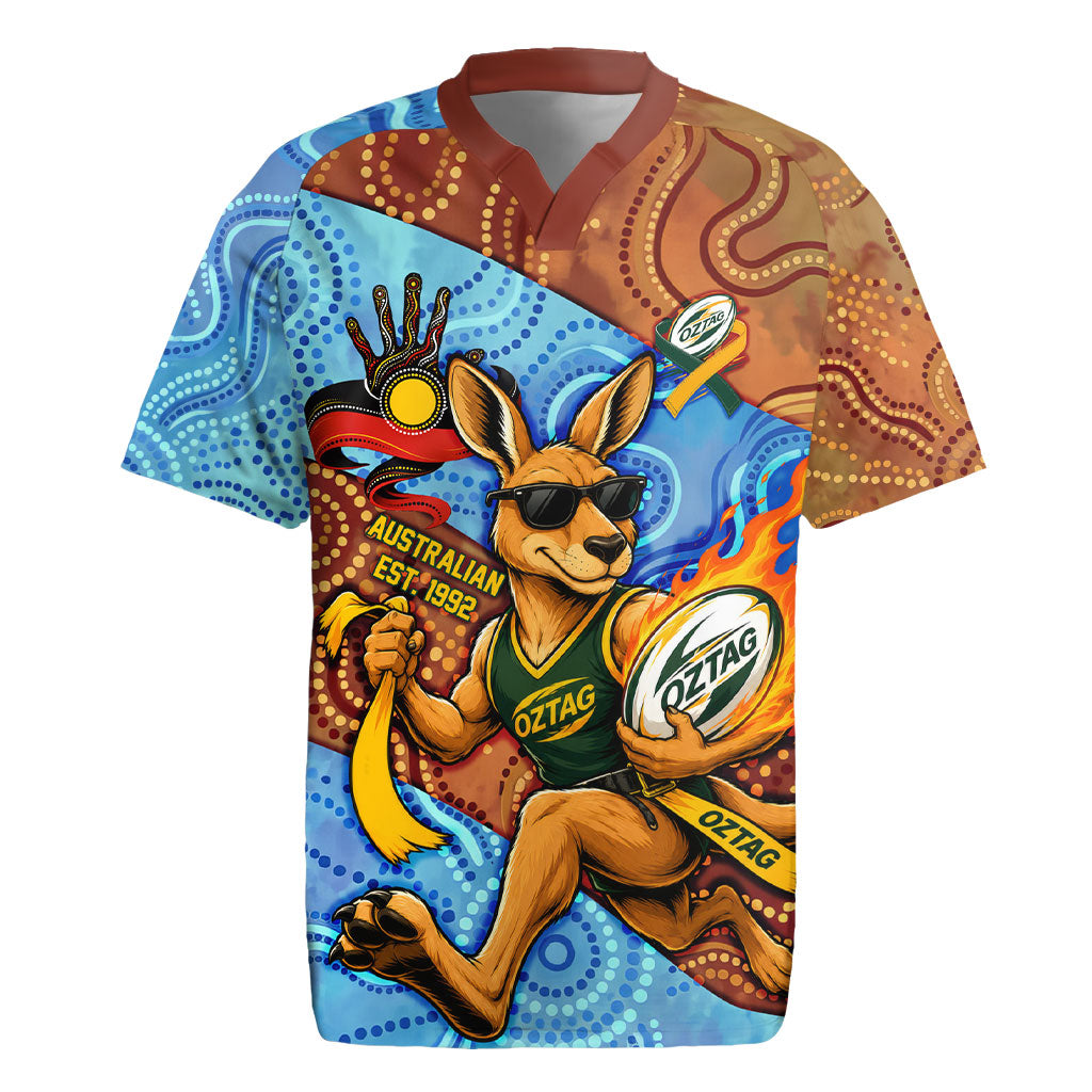 Personalised Australian Oztag Kangaroo Mascot Rugby Jersey Indigenous Dot Art Style Aboriginal Culture