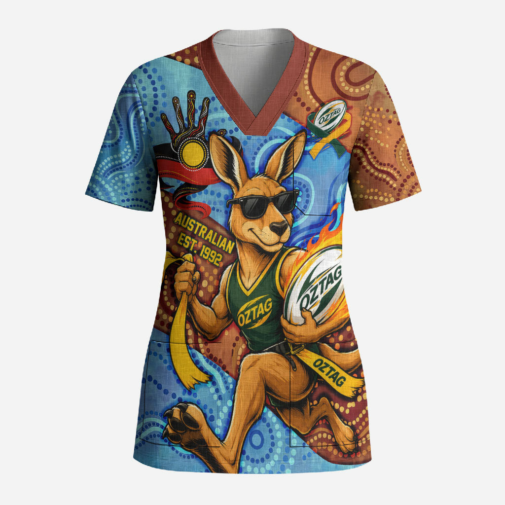 Personalised Australian Oztag Kangaroo Mascot Scrub Top Indigenous Dot Art Style Aboriginal Culture
