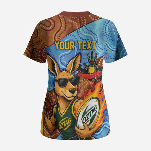 Personalised Australian Oztag Kangaroo Mascot Scrub Top Indigenous Dot Art Style Aboriginal Culture