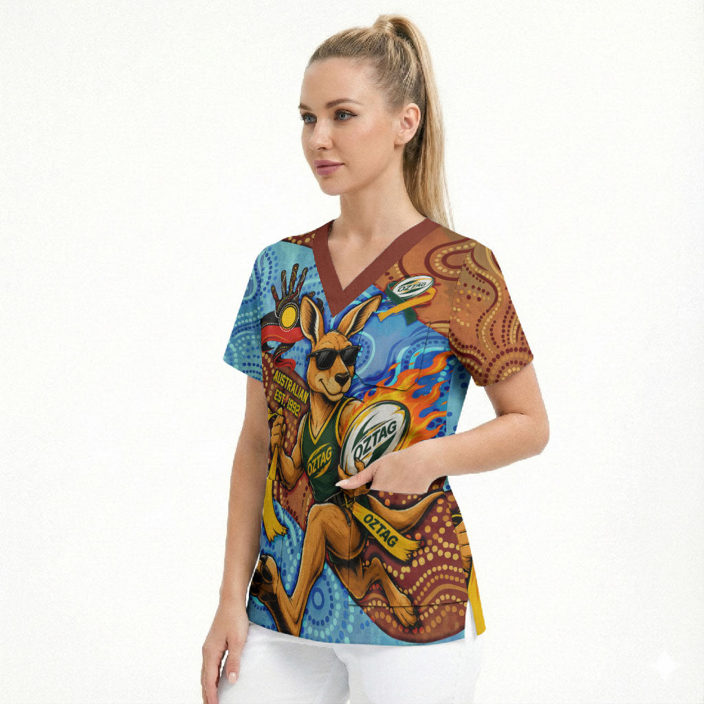 Personalised Australian Oztag Kangaroo Mascot Scrub Top Indigenous Dot Art Style Aboriginal Culture