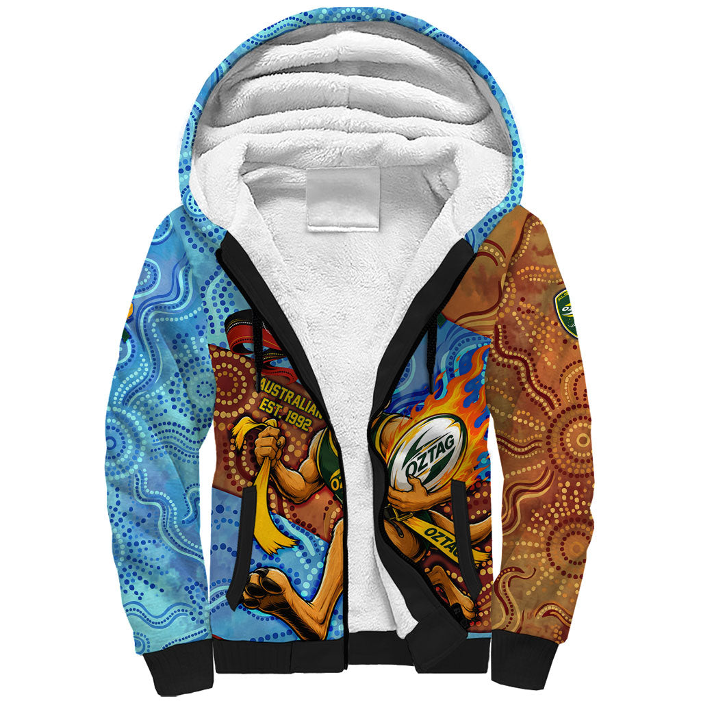 Personalised Australian Oztag Kangaroo Mascot Sherpa Hoodie Indigenous Dot Art Style Aboriginal Culture