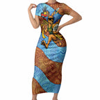 Personalised Australian Oztag Kangaroo Mascot Short Sleeve Bodycon Dress Indigenous Dot Art Style Aboriginal Culture