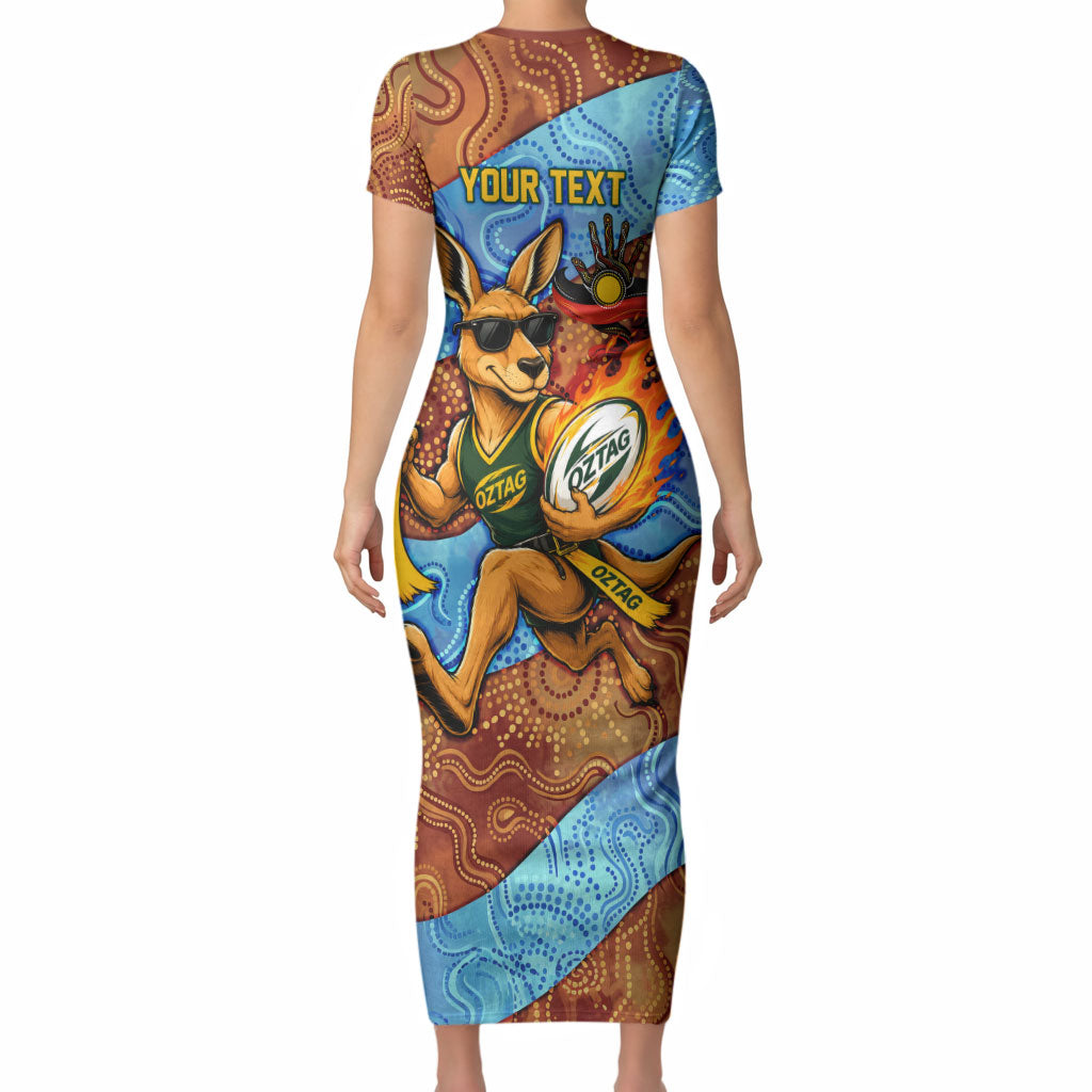 Personalised Australian Oztag Kangaroo Mascot Short Sleeve Bodycon Dress Indigenous Dot Art Style Aboriginal Culture