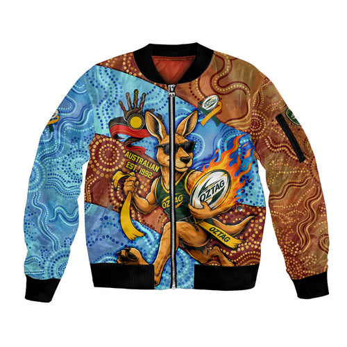Personalised Australian Oztag Kangaroo Mascot Sleeve Zip Bomber Jacket Indigenous Dot Art Style Aboriginal Culture