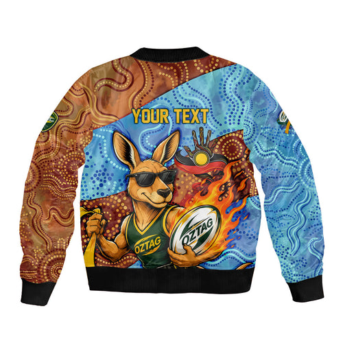 Personalised Australian Oztag Kangaroo Mascot Sleeve Zip Bomber Jacket Indigenous Dot Art Style Aboriginal Culture