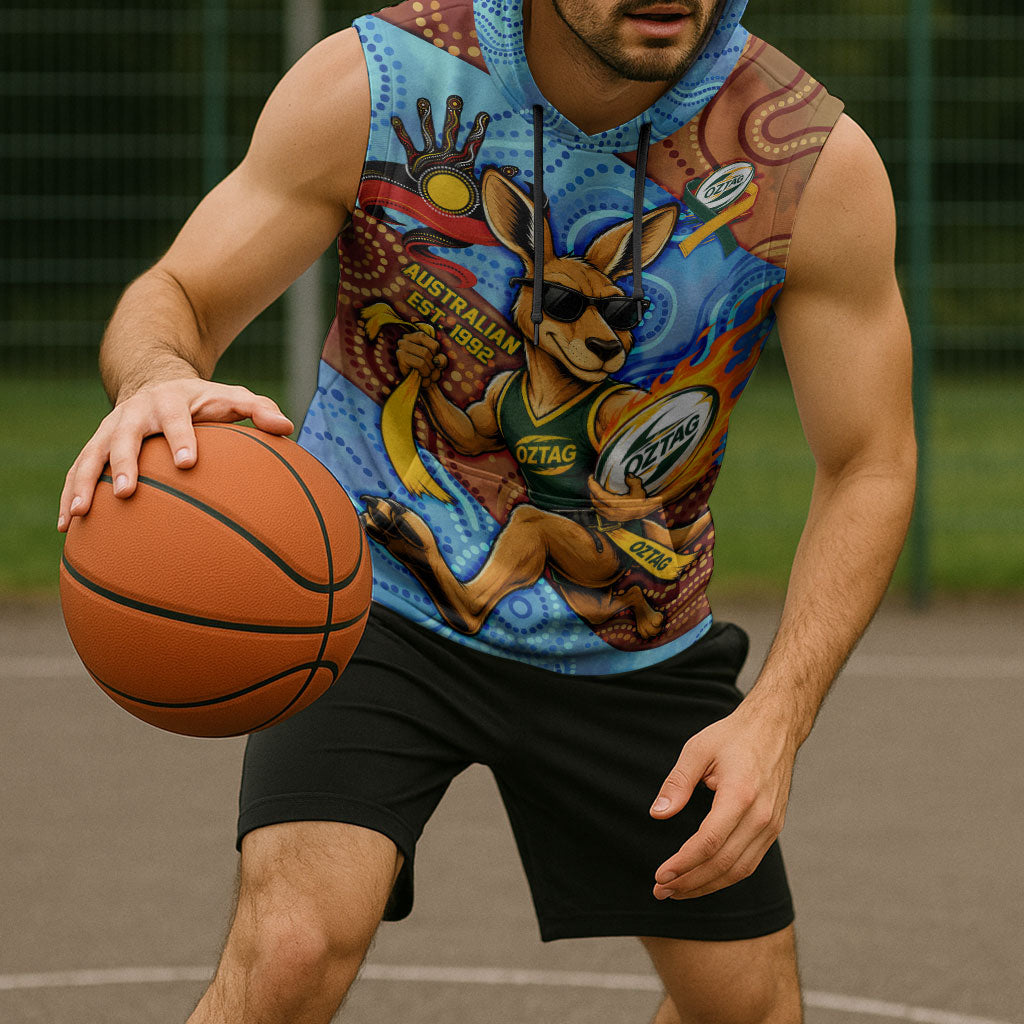 Personalised Australian Oztag Kangaroo Mascot Sleeveless Hoodie Indigenous Dot Art Style Aboriginal Culture