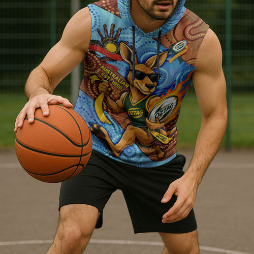 Personalised Australian Oztag Kangaroo Mascot Sleeveless Hoodie Indigenous Dot Art Style Aboriginal Culture