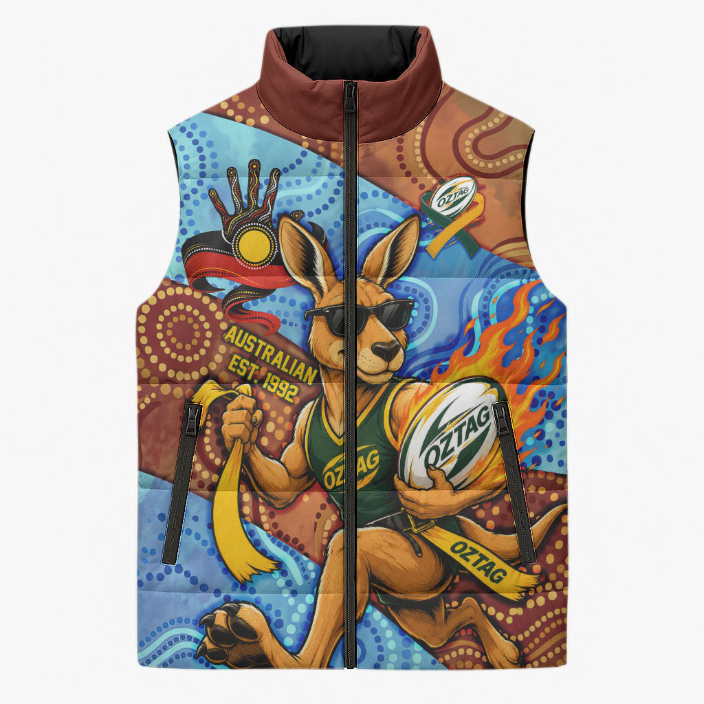 Personalised Australian Oztag Kangaroo Mascot Sleeveless Puffer Jacket Indigenous Dot Art Style Aboriginal Culture