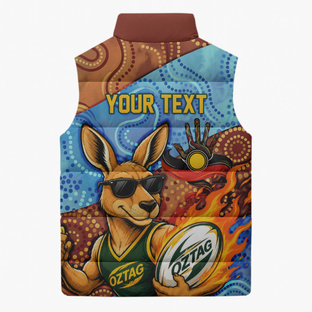 Personalised Australian Oztag Kangaroo Mascot Sleeveless Puffer Jacket Indigenous Dot Art Style Aboriginal Culture
