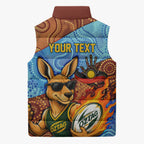 Personalised Australian Oztag Kangaroo Mascot Sleeveless Puffer Jacket Indigenous Dot Art Style Aboriginal Culture
